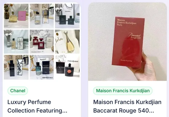 Flaconi e confezioni di profumo nelle schede del catalogo