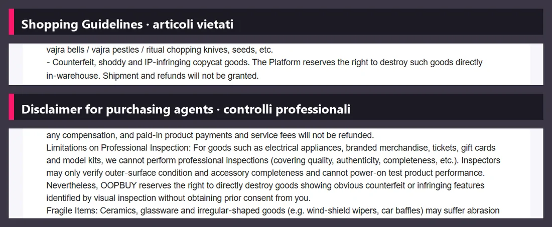 Ritagli delle pagine ufficiali Shopping Guidelines e Disclaimer sulla distruzione della merce in violazione