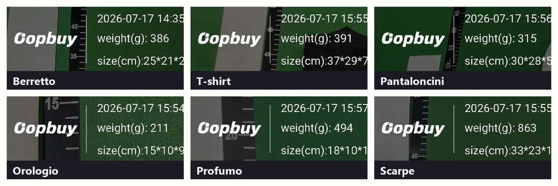 Sei riquadri dati di foto di magazzino con data, peso in grammi e misure in centimetri